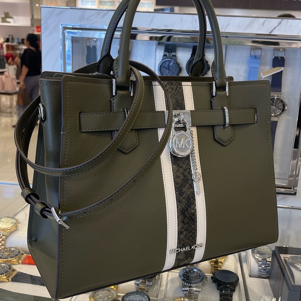 MICHAEL KORS Hamilton Med Leather and Snake Embossed Stripe Satchel
Olive 
NWT